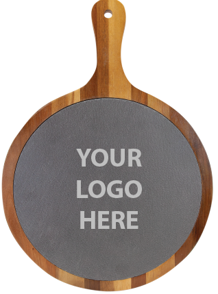 14 1/2" x 10 1/2" Round Acacia Wood/Slate Serving Board with Handle - YOUR LOGO HERE
