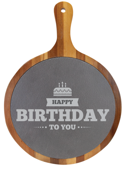 14 1/2" x 10 1/2" Round Acacia Wood/Slate Serving Board with Handle - Birthday Gift