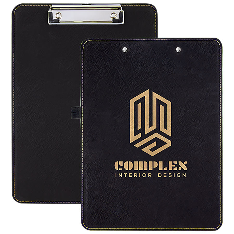 Black Gold Leatherette Clipboard - Front or Back - offers the look and feel of genuine leather at a fraction of the price. This richly textured, synthetic material is water resistant, easy to clean and durable enough for the rigors of daily use.