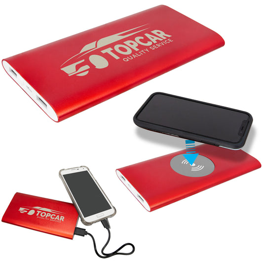 Red 8000MAH Power Bank & Wireless Anodized Aluminum Charger with Power Cord