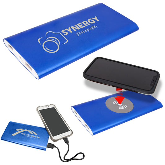 Blue 8000MAH Power Bank & Wireless Anodized Aluminum Charger with Power Cord