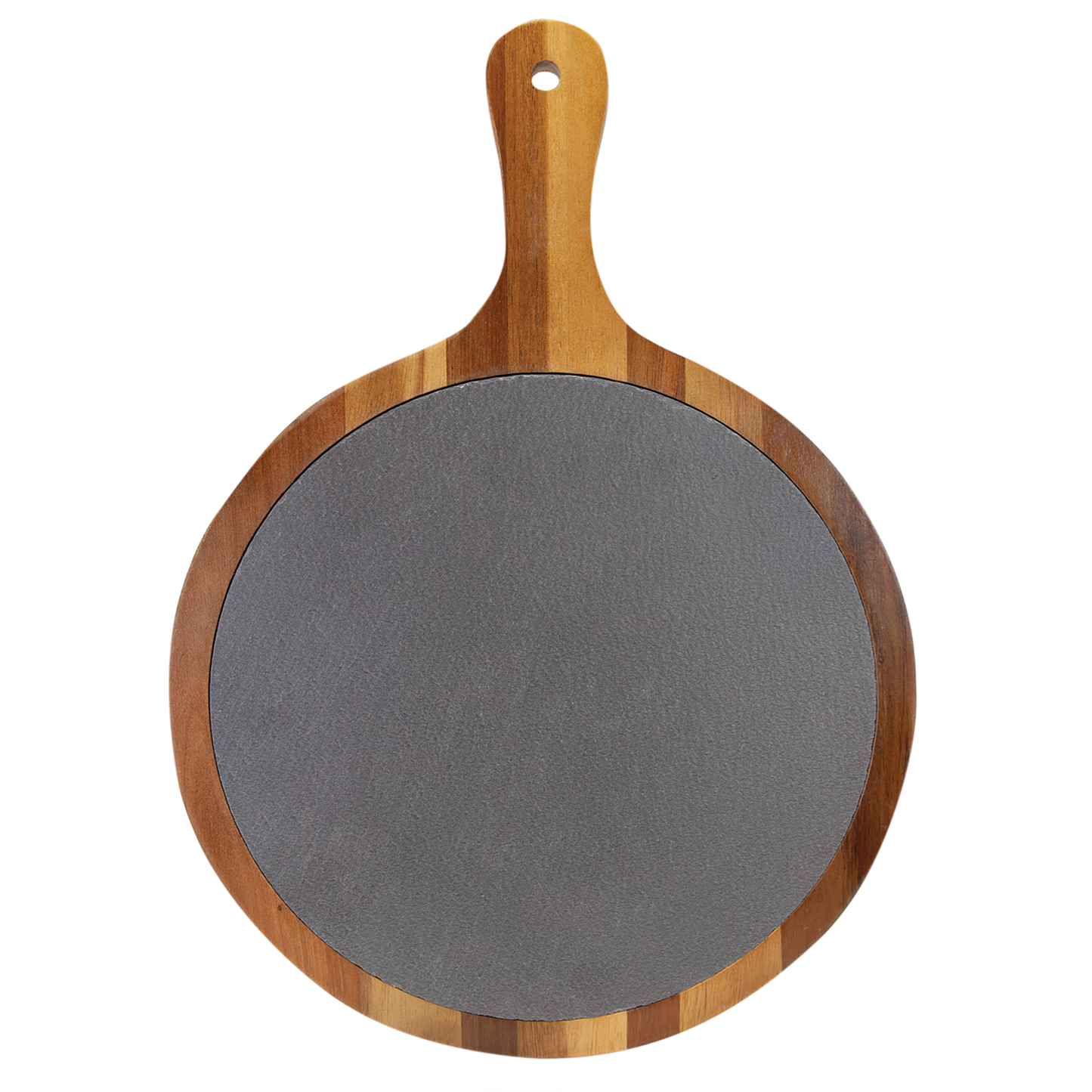 14 1/2" x 10 1/2" Round Acacia Wood/Slate Serving Board with Handle - Couple's Gift