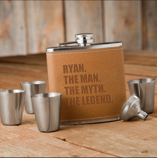 The Man. The Myth. The Legend. Tan Hide Stitched Flask and Shot Glass Set