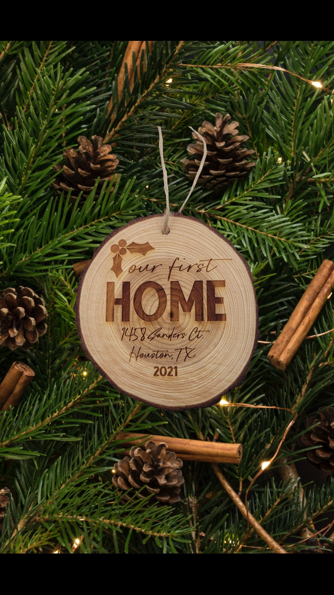 Personalized Ornament - Our First Home Wooden Ornament - Christmas Tree Wood Slice Ornament - Christmas gift - Housewarming Gift